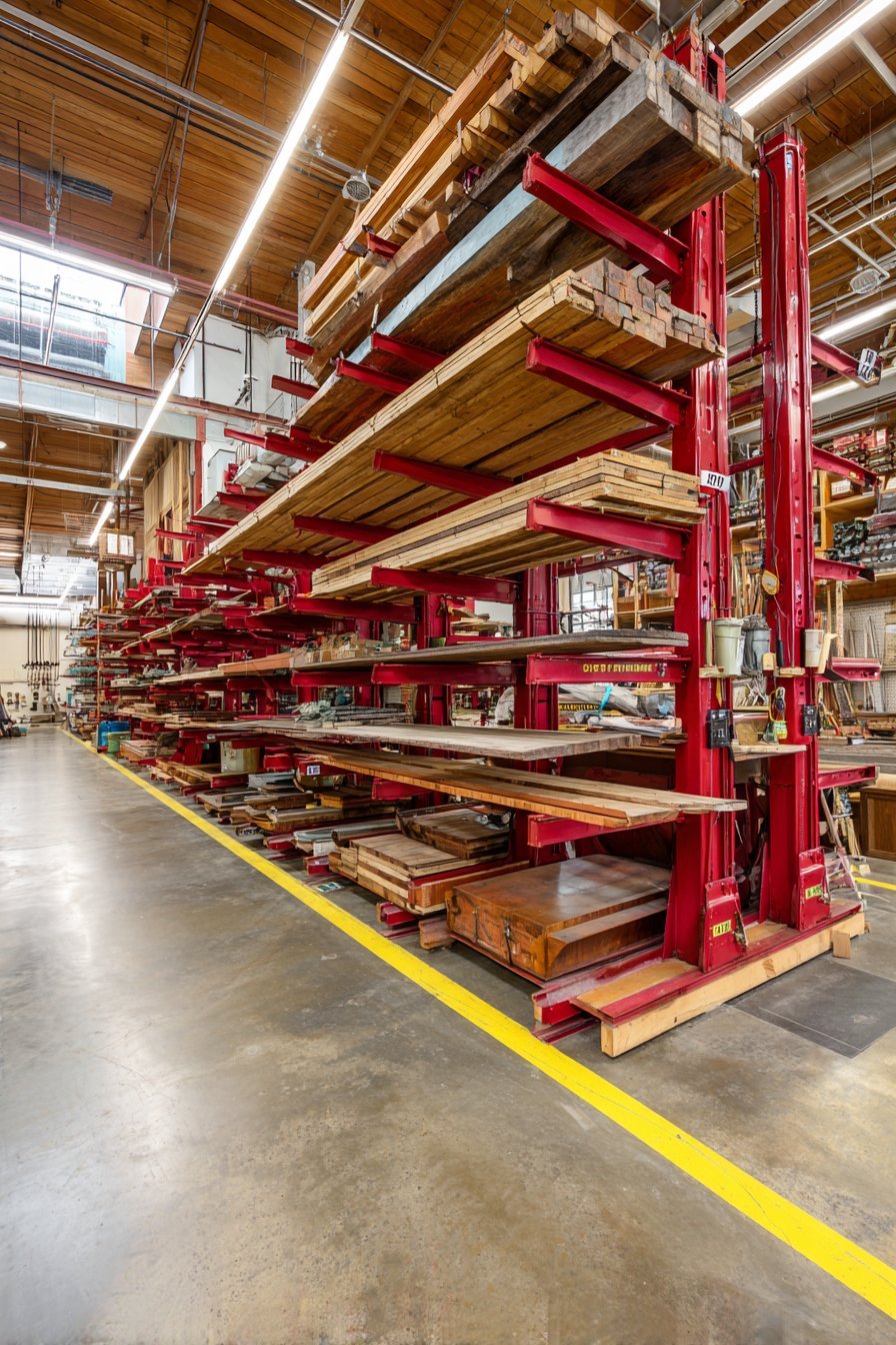Red industrial cantilever racks holding lumber and pipes against a concrete wall with yellow floor safety stripes