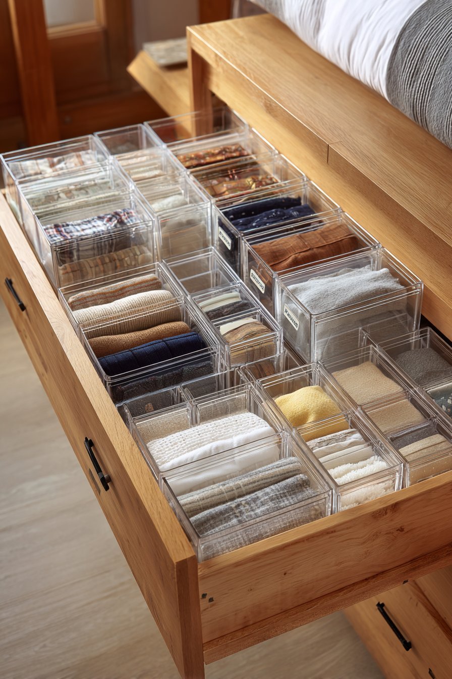 Clear acrylic containers in a dresser drawer holding folded socks, undergarments and accessories with labels