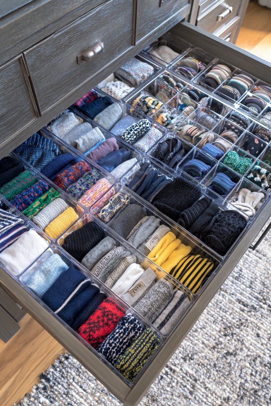 Clear acrylic containers in a dresser drawer holding folded socks, undergarments and accessories with labels