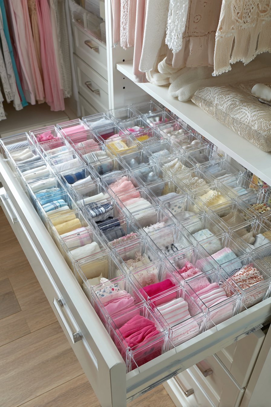 Clear acrylic containers in a dresser drawer holding folded socks, undergarments and accessories with labels