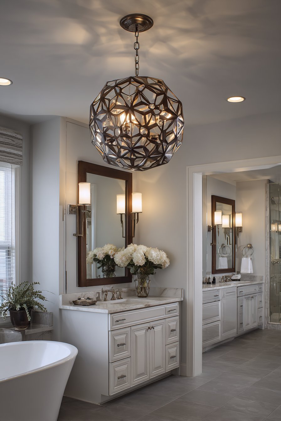Brass and matte black geometric pendant light over a freestanding bathtub with white walls
