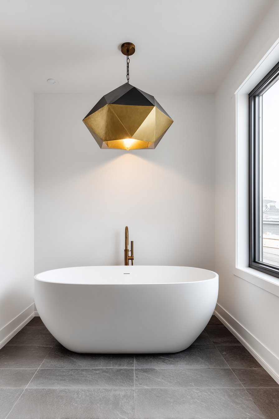 Brass and matte black geometric pendant light over a freestanding bathtub with white walls