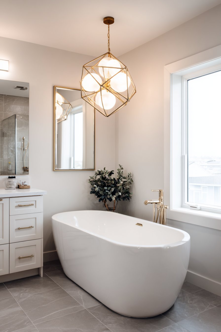 Brass and matte black geometric pendant light over a freestanding bathtub with white walls