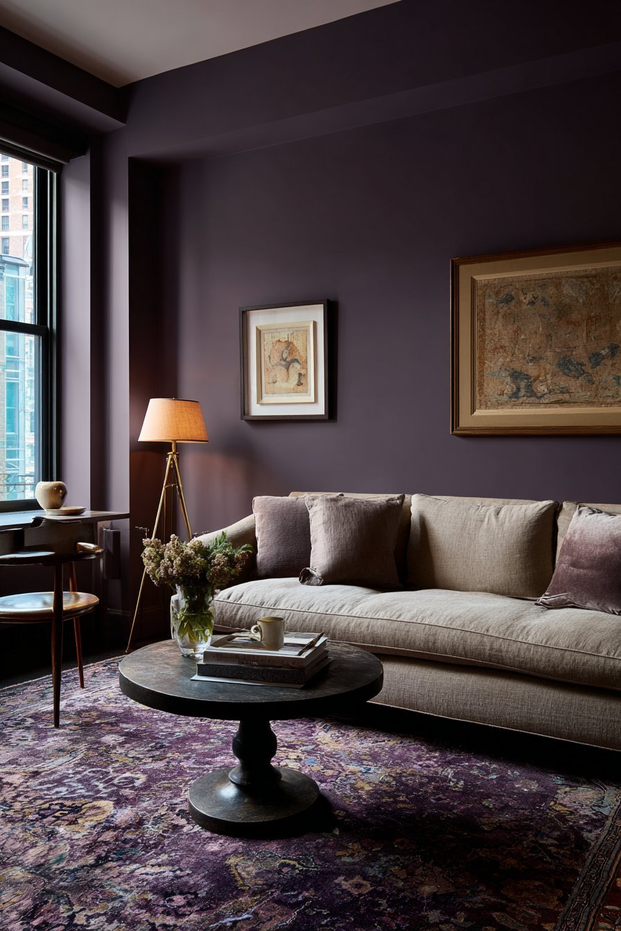Plum-grey walls with oatmeal rolled-arm sofa, black-stained pedestal table, brass tripod lamps and Oushak rug