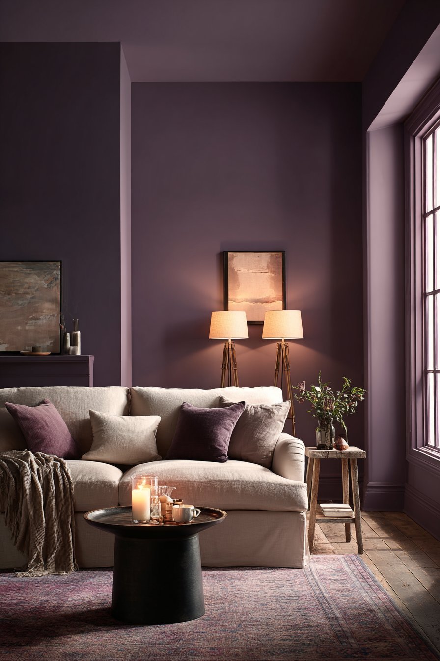 Plum-grey walls with oatmeal rolled-arm sofa, black-stained pedestal table, brass tripod lamps and Oushak rug