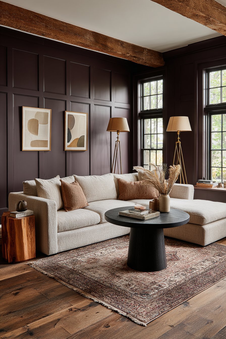 Plum-grey walls with oatmeal rolled-arm sofa, black-stained pedestal table, brass tripod lamps and Oushak rug