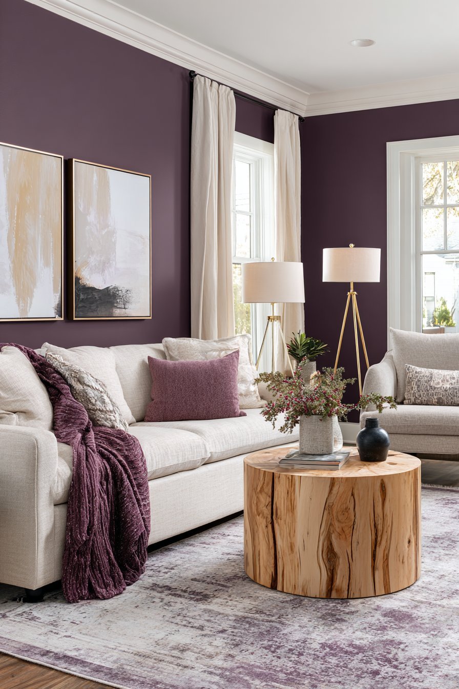 Plum-grey walls with oatmeal rolled-arm sofa, black-stained pedestal table, brass tripod lamps and Oushak rug