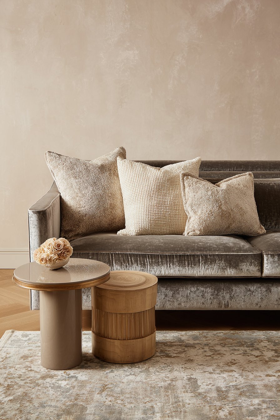 Refined living room with pearl grey mohair velvet sofa, polished plaster side tables and Venetian plaster walls