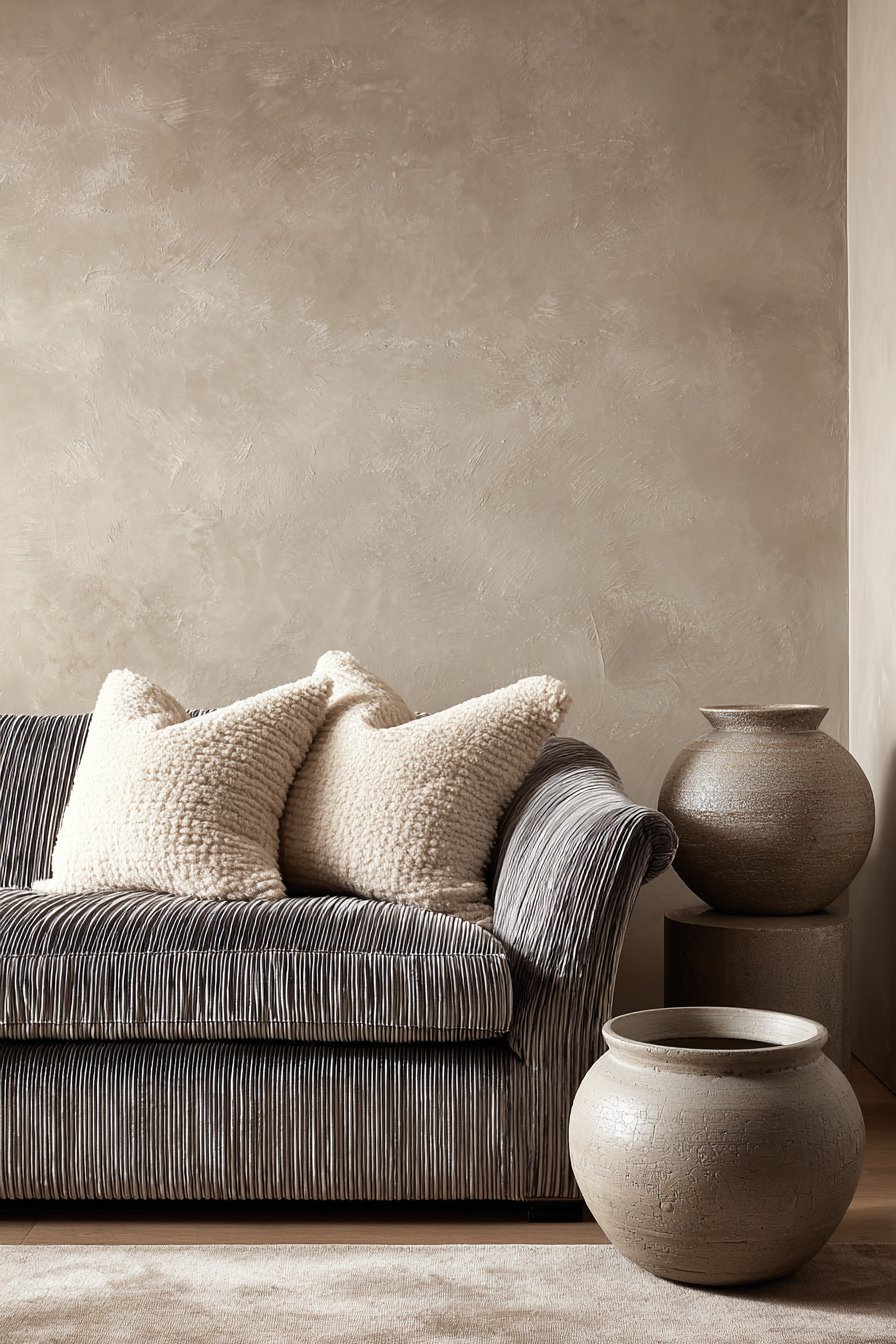 Refined living room with pearl grey mohair velvet sofa, polished plaster side tables and Venetian plaster walls