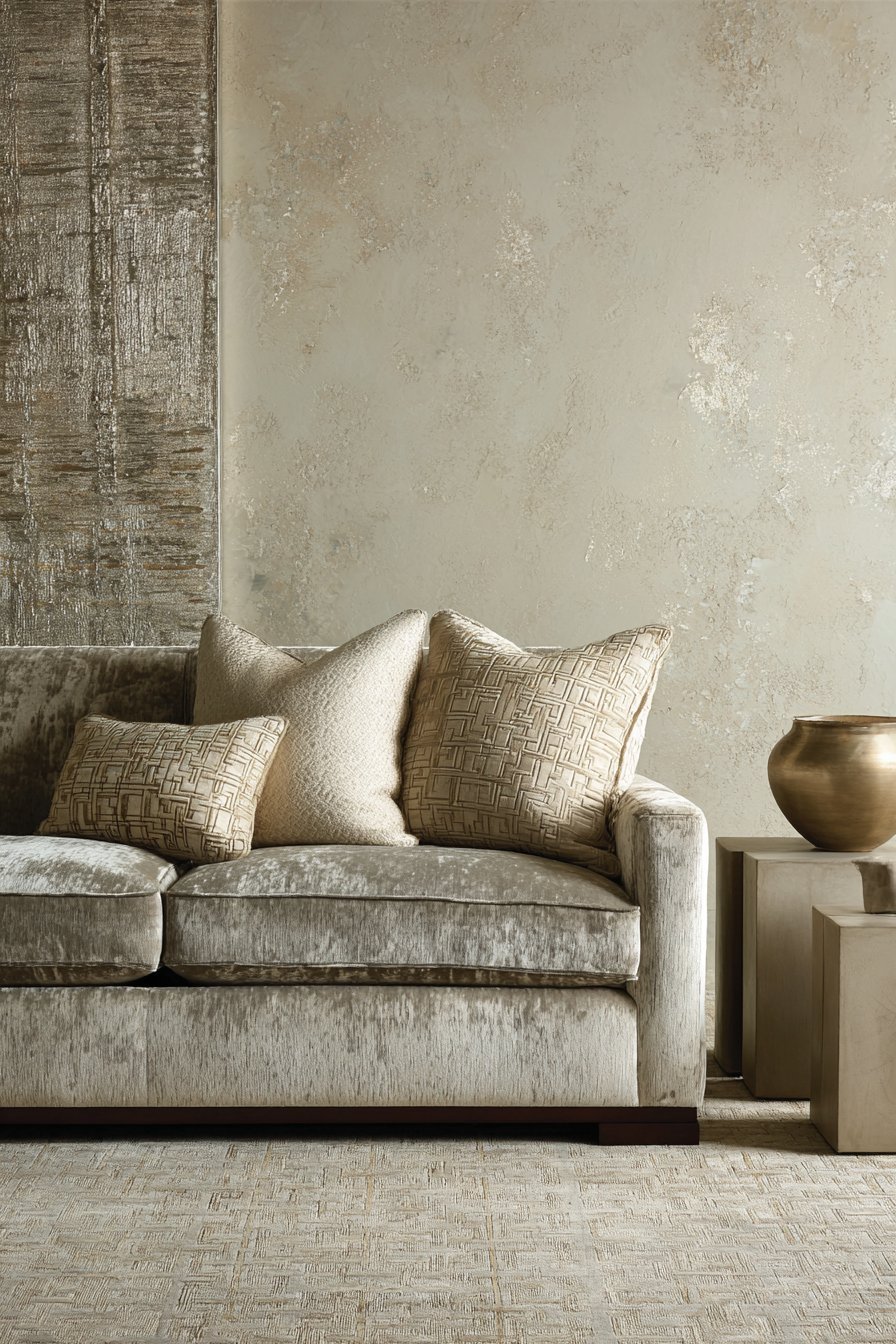 Refined living room with pearl grey mohair velvet sofa, polished plaster side tables and Venetian plaster walls