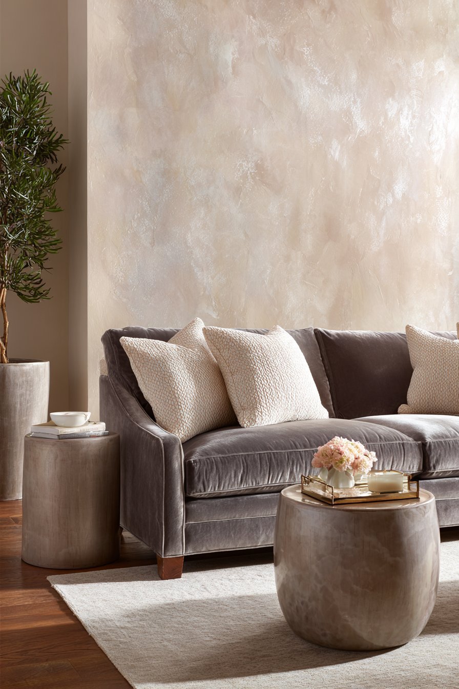 Refined living room with pearl grey mohair velvet sofa, polished plaster side tables and Venetian plaster walls