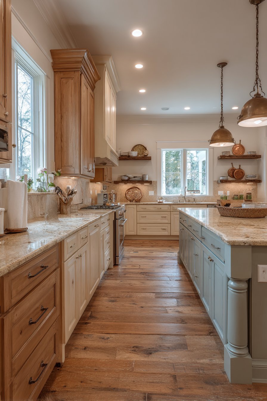 Maple perimeter cabinets with French blue corbeled island, beige granite and tumbled travertine backsplash