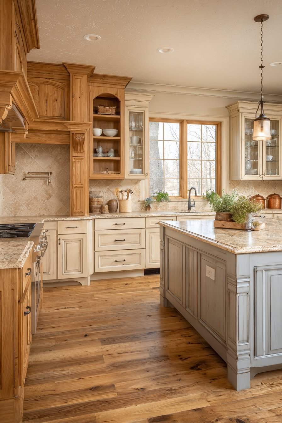 Maple perimeter cabinets with French blue corbeled island, beige granite and tumbled travertine backsplash