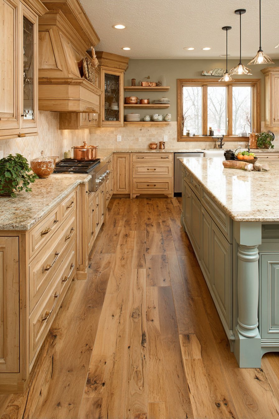 Maple perimeter cabinets with French blue corbeled island, beige granite and tumbled travertine backsplash