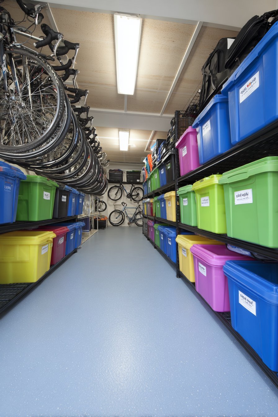 Basement storage room with parallel rows of modular plastic shelving, labeled totes and overhead bike hooks