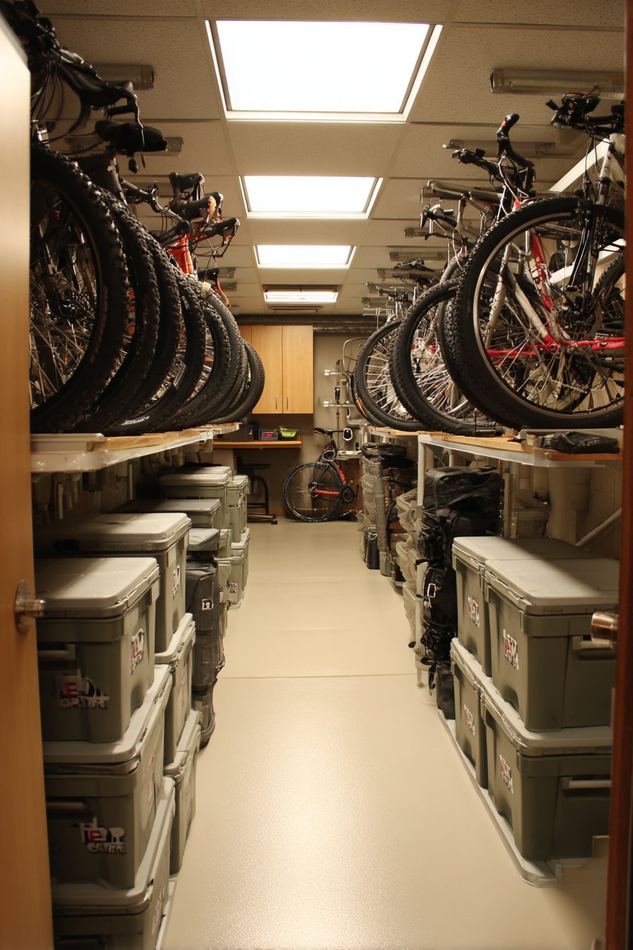 Basement storage room with parallel rows of modular plastic shelving, labeled totes and overhead bike hooks