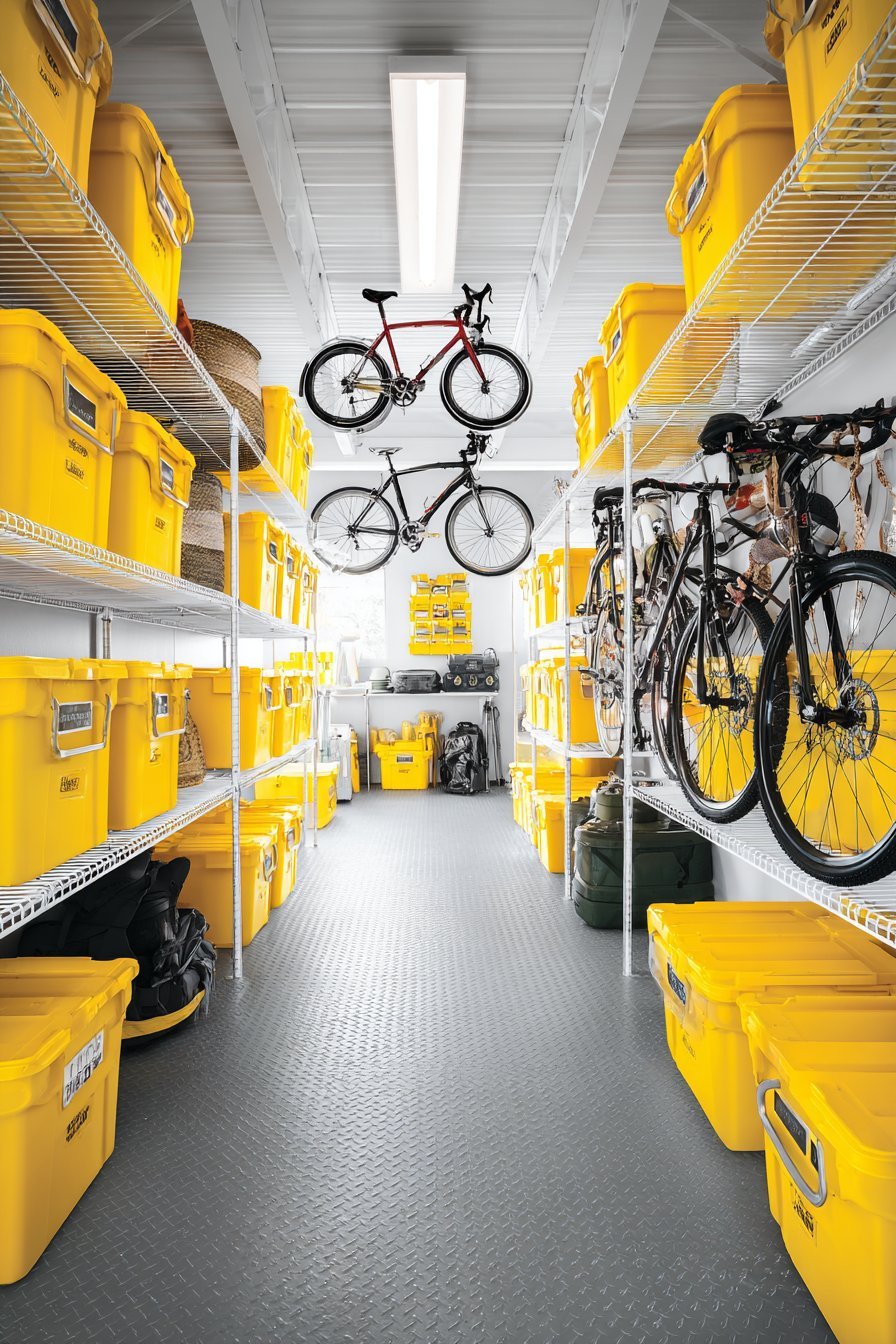 Basement storage room with parallel rows of modular plastic shelving, labeled totes and overhead bike hooks