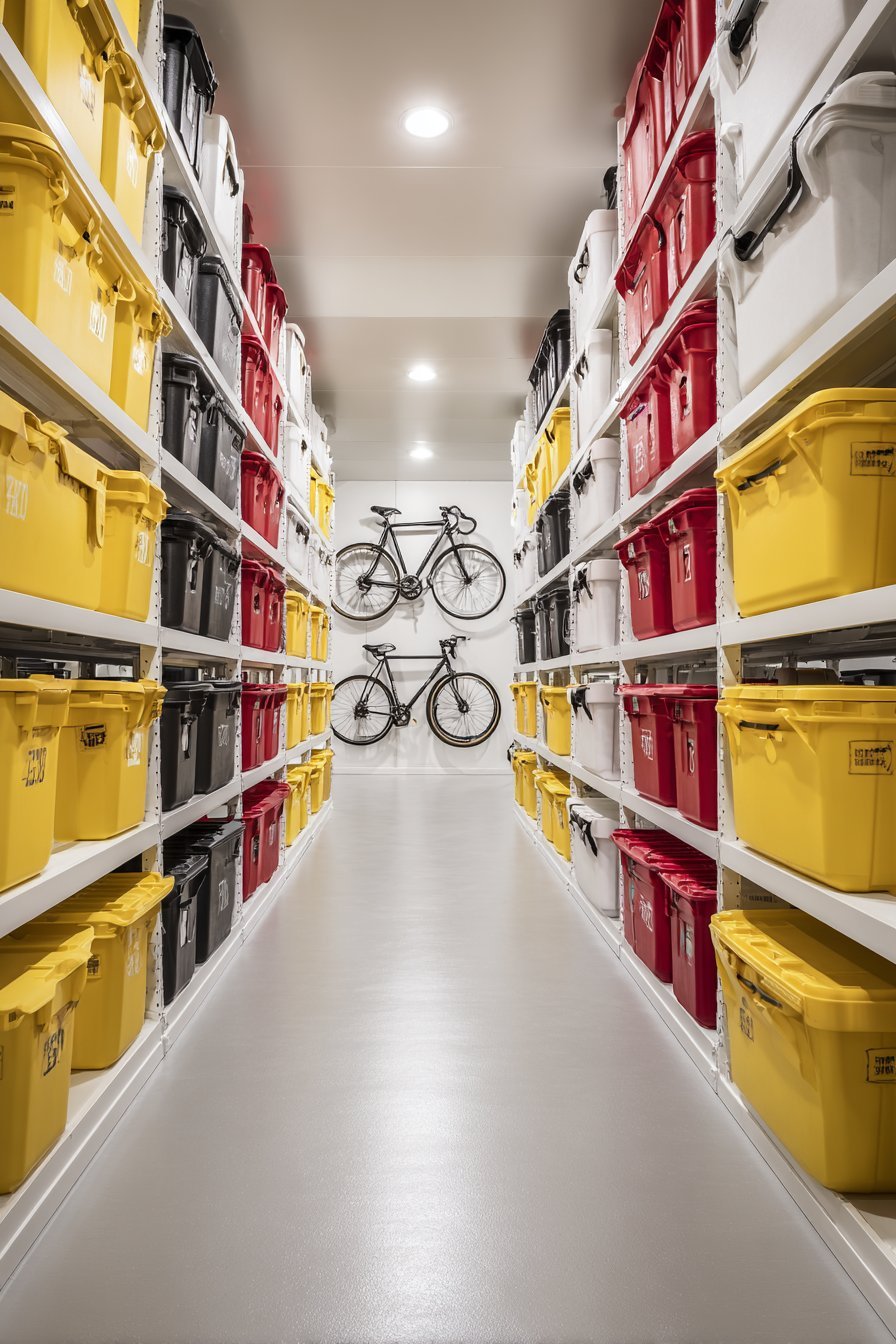 Basement storage room with parallel rows of modular plastic shelving, labeled totes and overhead bike hooks