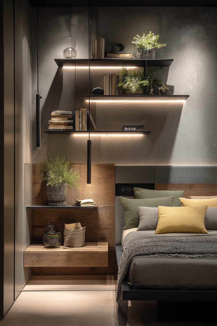 Wall-mounted floating shelves in black metal and wood with books, plants, baskets and LED strips on a grey wall