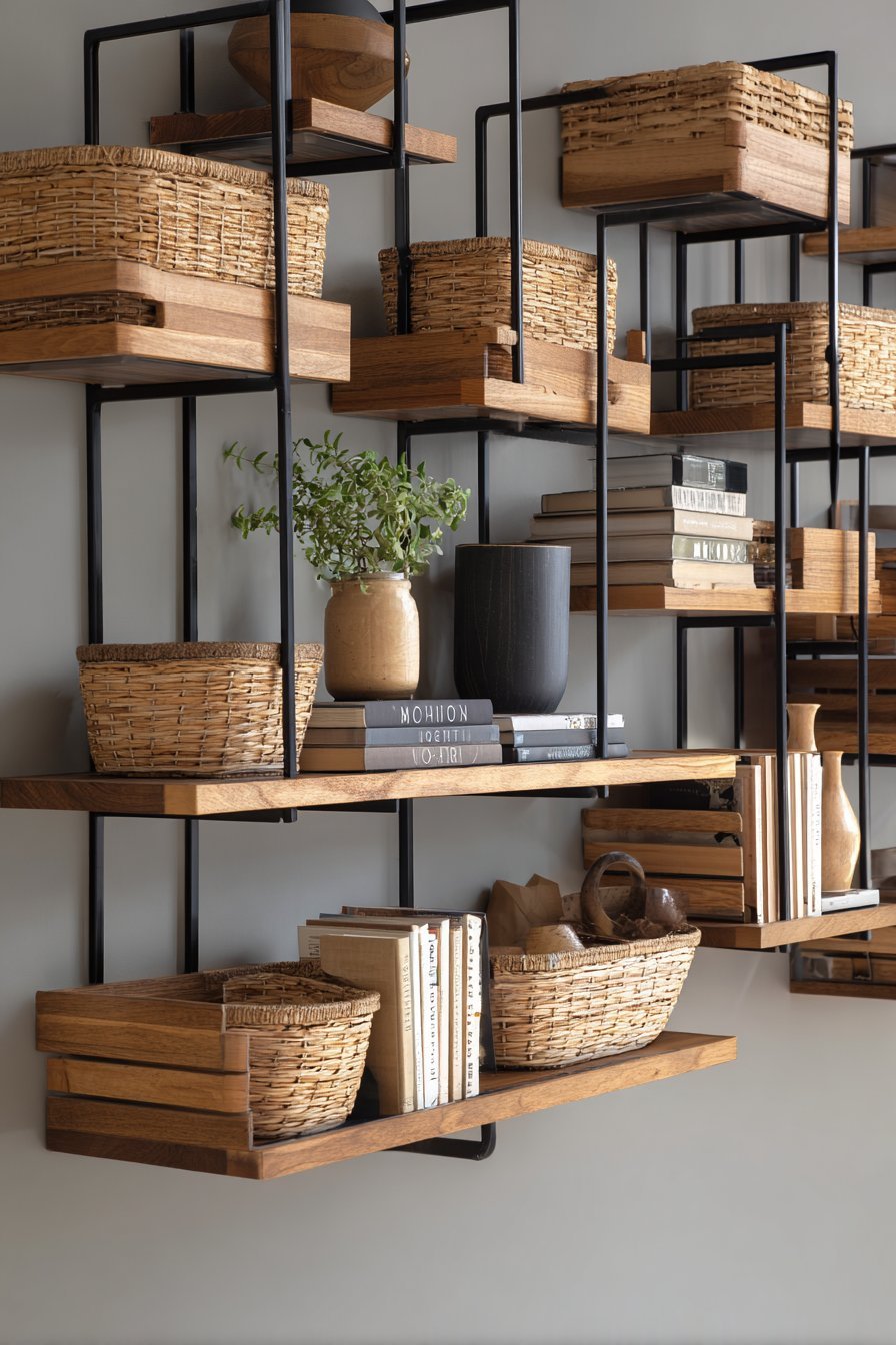 Wall-mounted floating shelves in black metal and wood with books, plants, baskets and LED strips on a grey wall