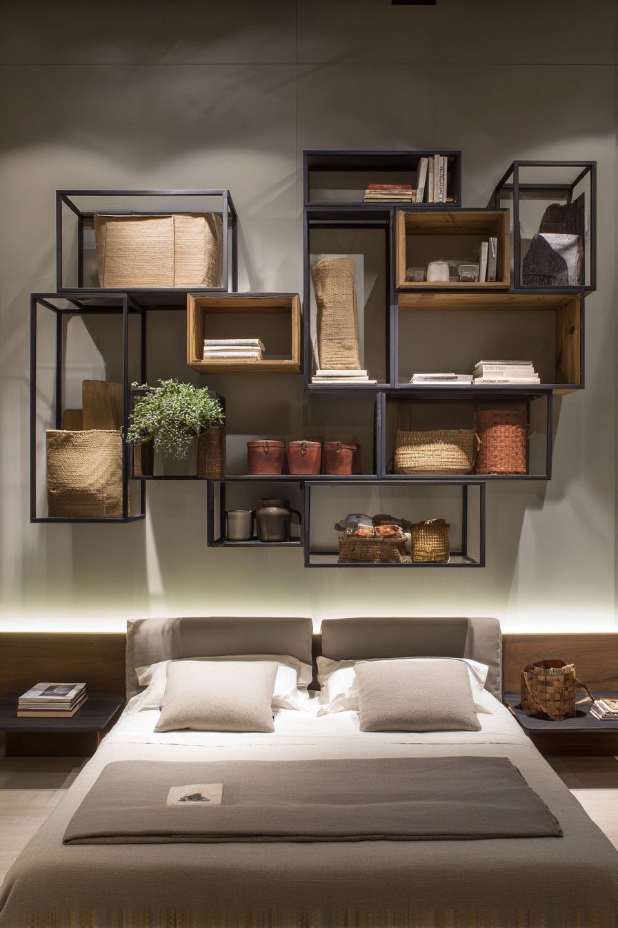 Wall-mounted floating shelves in black metal and wood with books, plants, baskets and LED strips on a grey wall