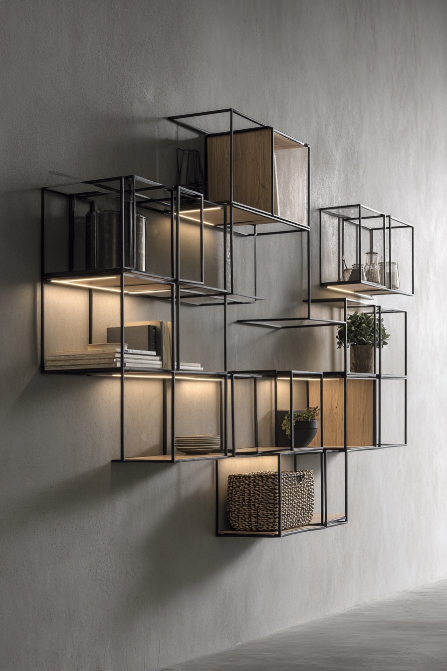 Wall-mounted floating shelves in black metal and wood with books, plants, baskets and LED strips on a grey wall