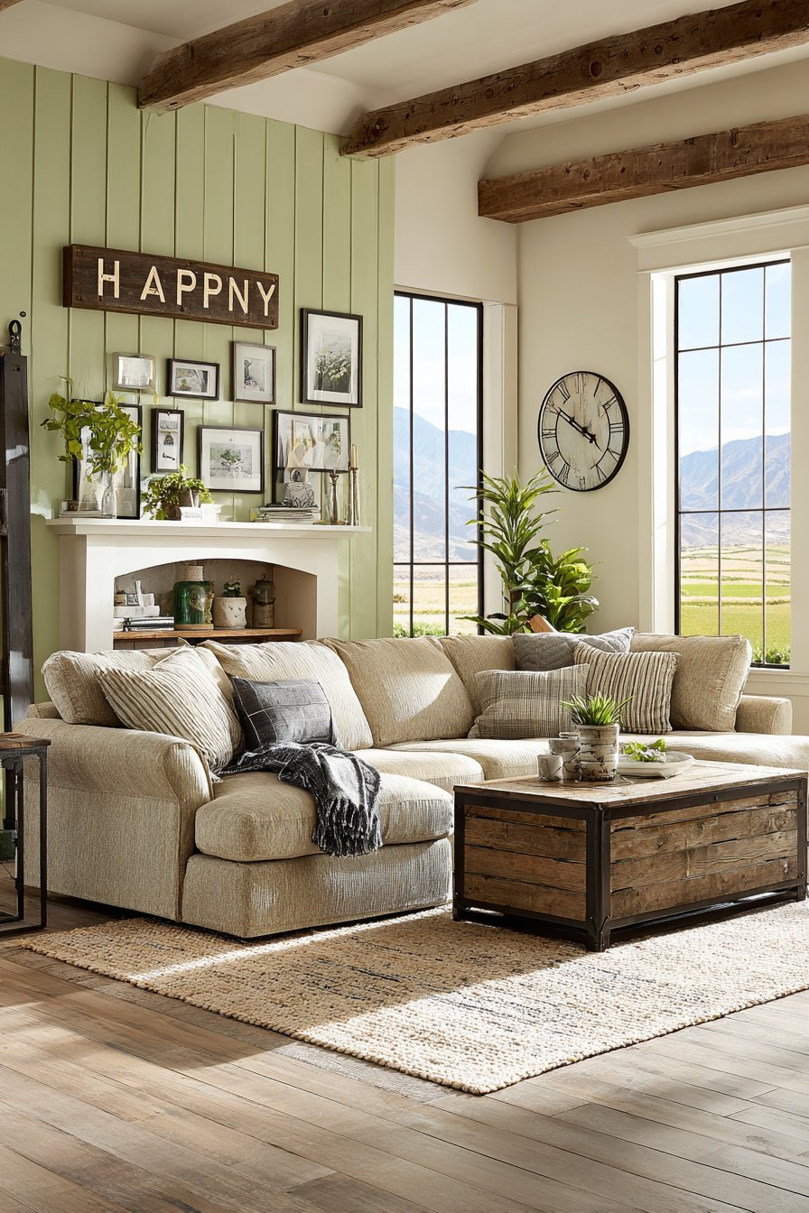 Modern farmhouse living room with sage green shiplap wall, rustic wood sign and beige linen sectional
