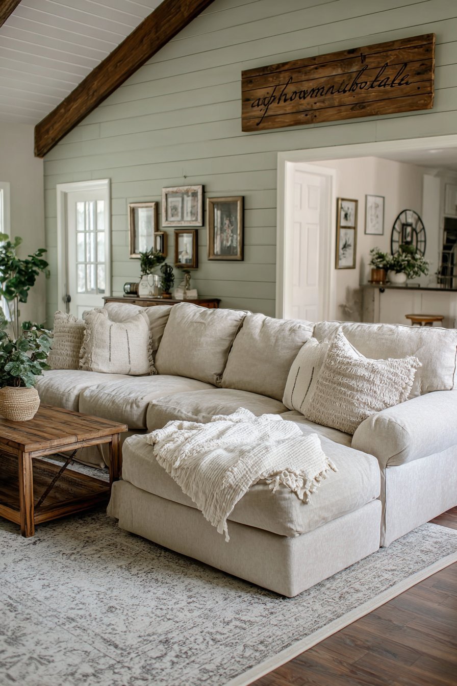 Modern farmhouse living room with sage green shiplap wall, rustic wood sign and beige linen sectional
