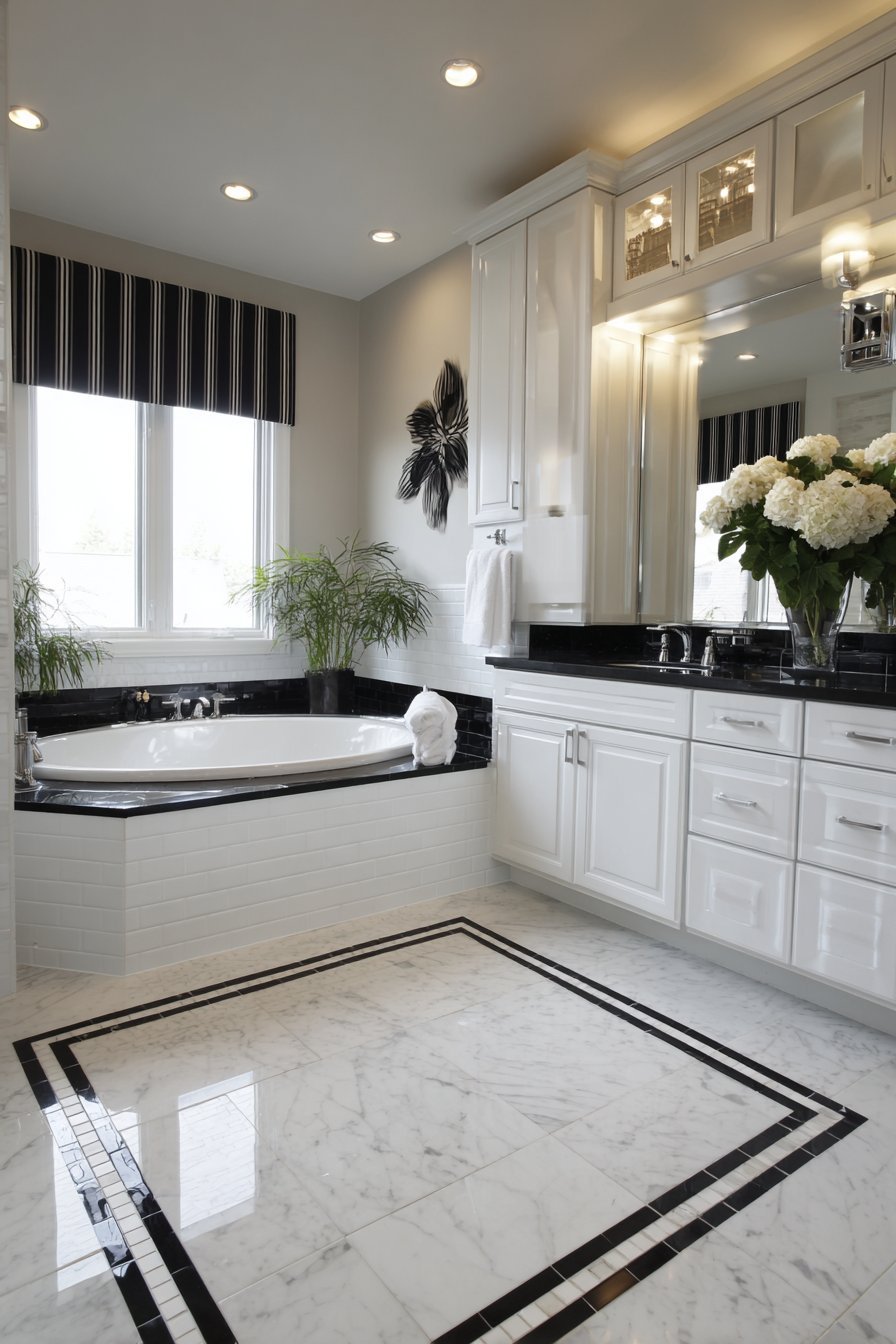 Master bathroom with corner jetted tub, herringbone marble floor and glass-front walk-in closet cabinetry