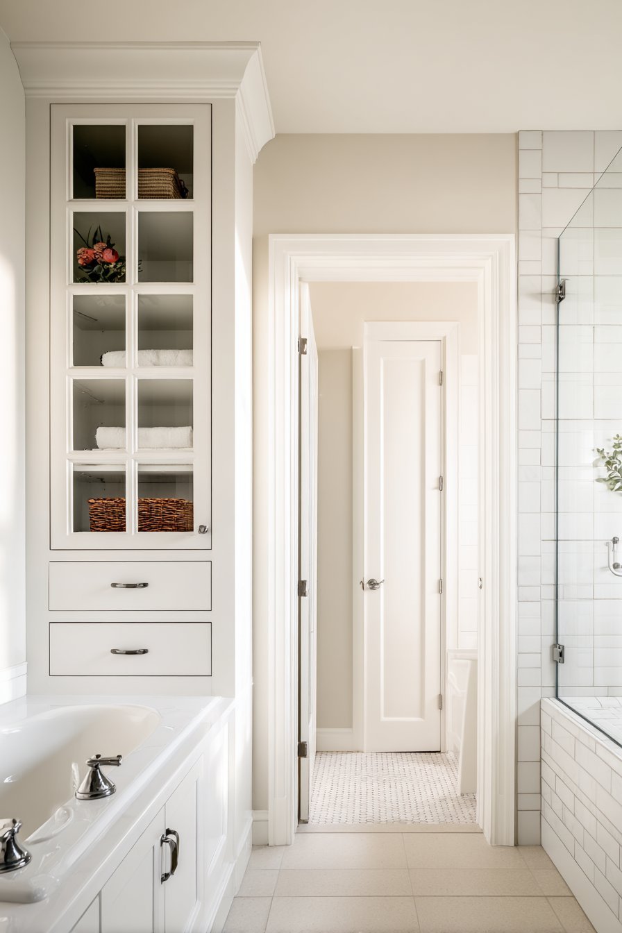 Master bathroom with corner jetted tub, herringbone marble floor and glass-front walk-in closet cabinetry
