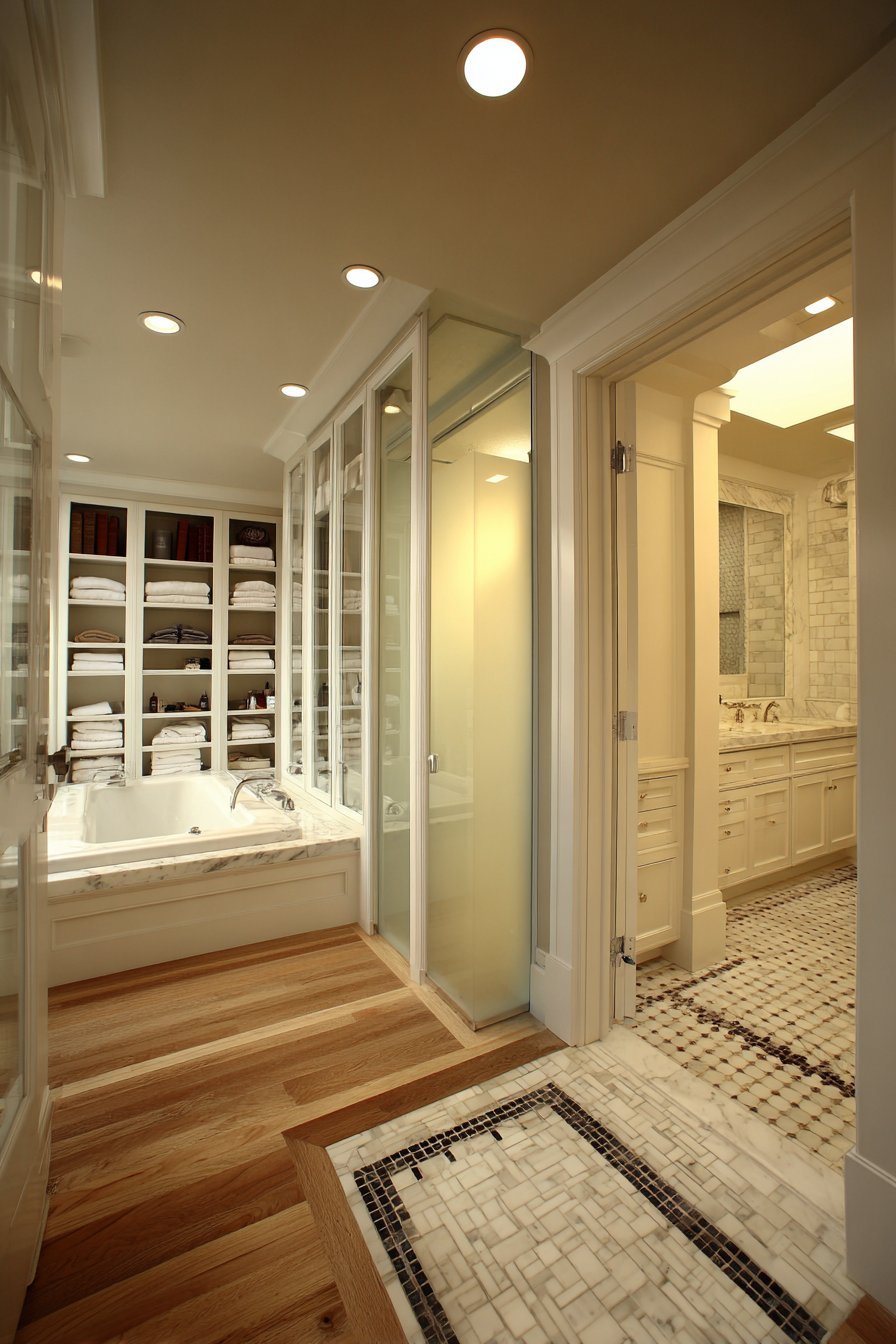 Master bathroom with corner jetted tub, herringbone marble floor and glass-front walk-in closet cabinetry
