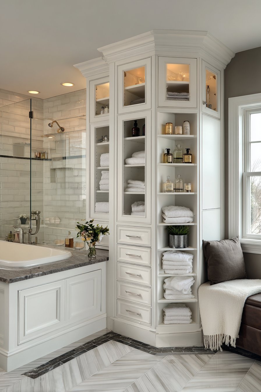 Master bathroom with corner jetted tub, herringbone marble floor and glass-front walk-in closet cabinetry