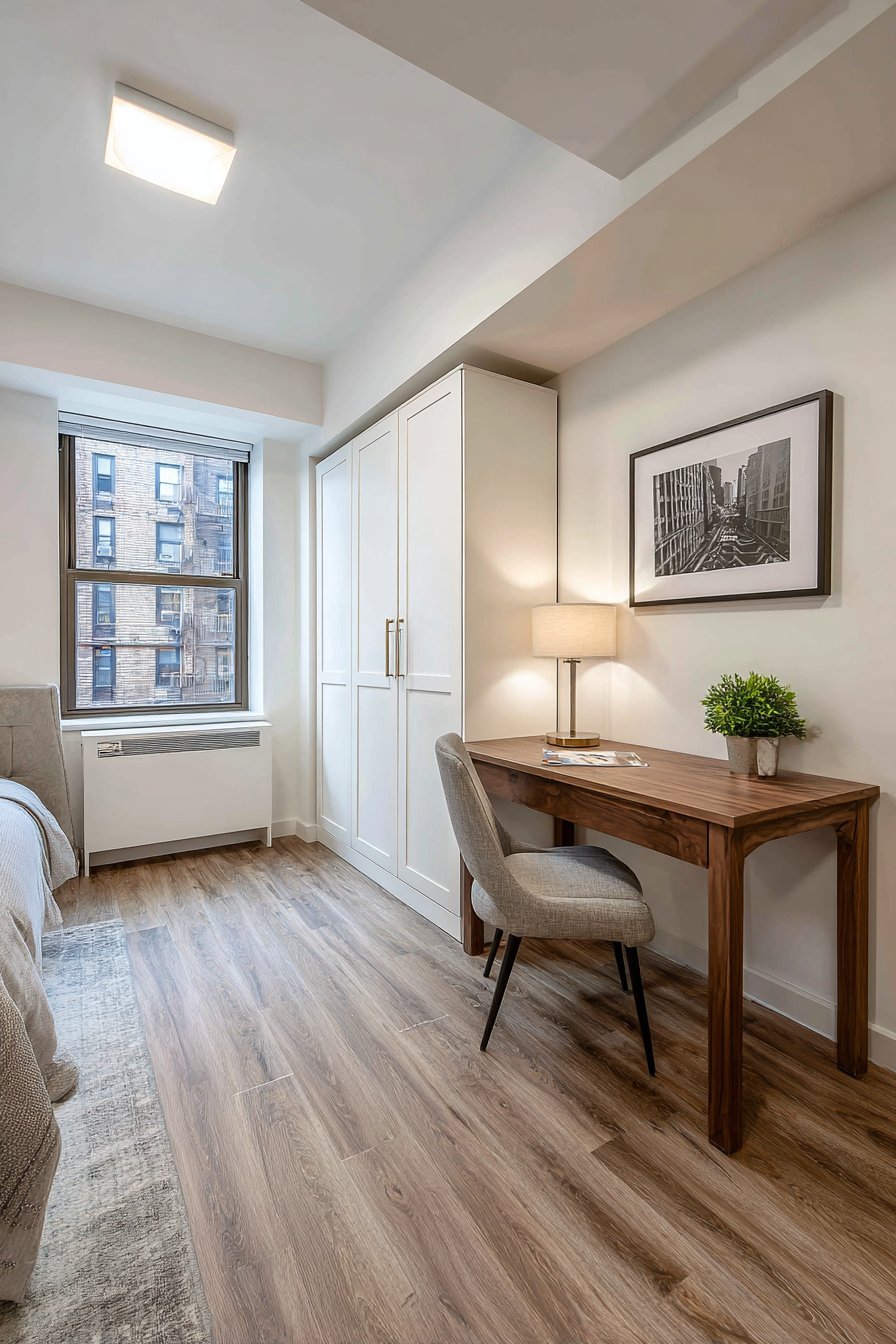 Minimal apartment bedroom with closed white Murphy bed panel, walnut writing desk and framed black and white photograph