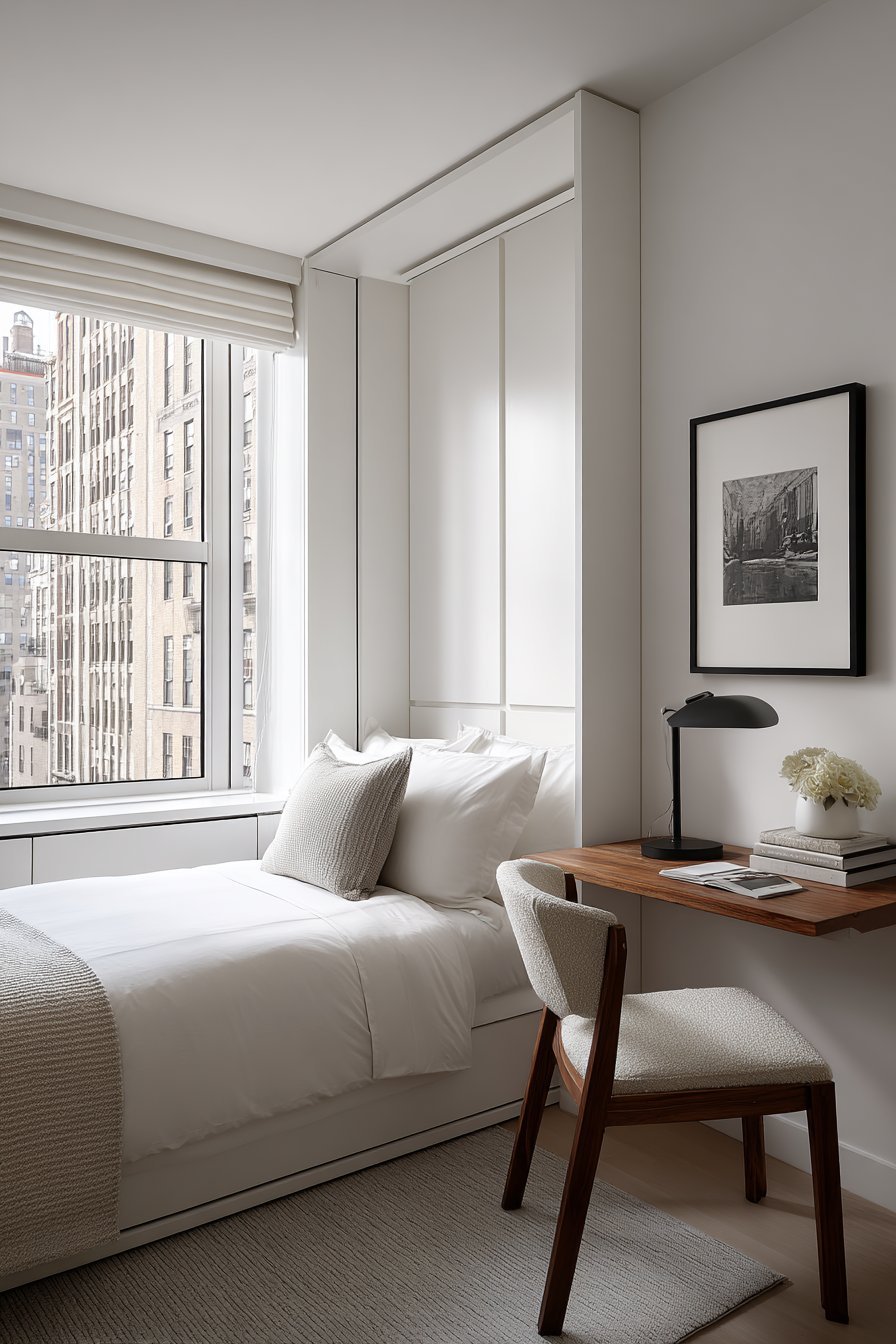 Minimal apartment bedroom with closed white Murphy bed panel, walnut writing desk and framed black and white photograph