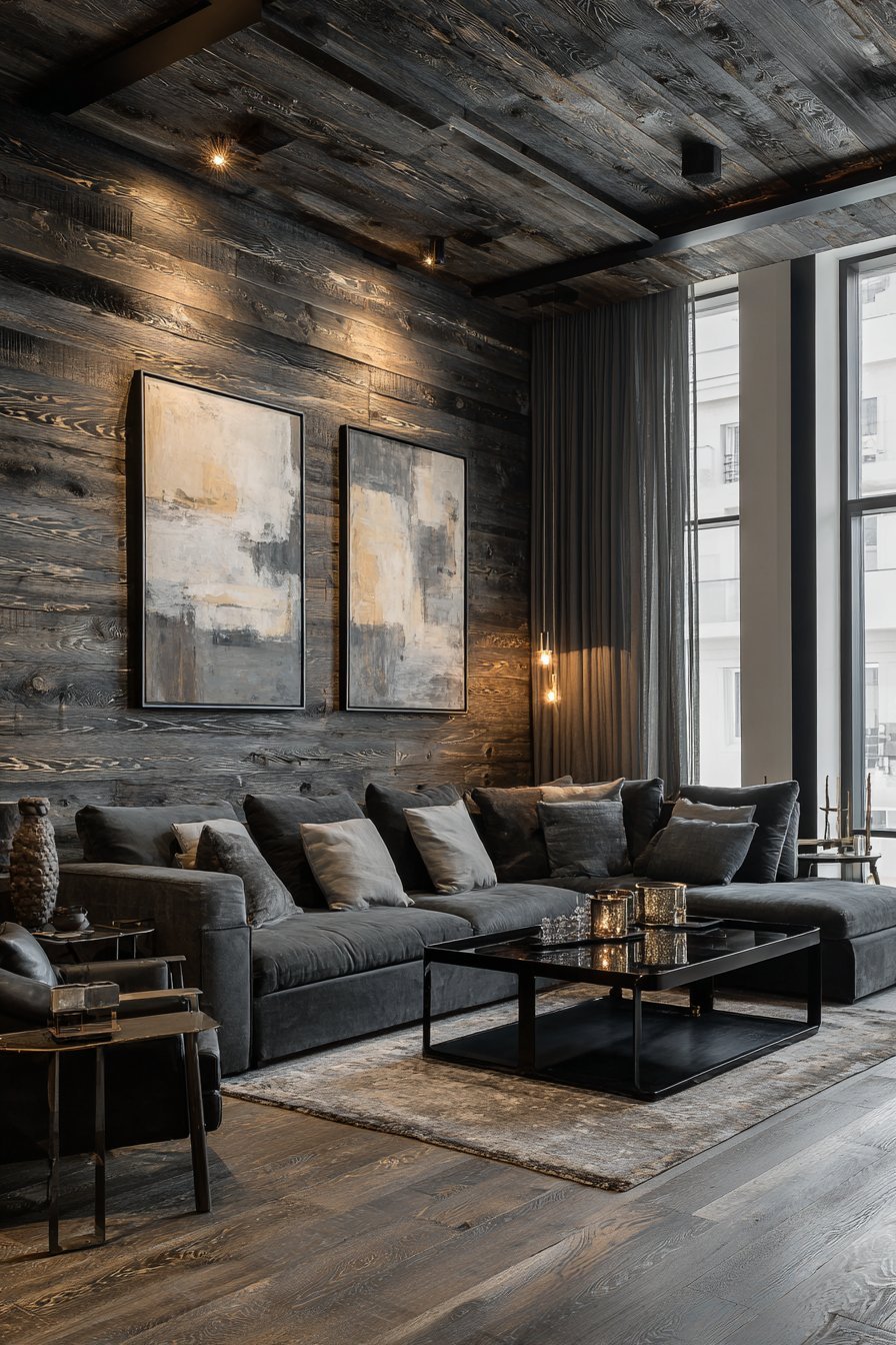 Horizontal dark walnut paneled walls with charcoal linen sectional, glass coffee table and picture lights