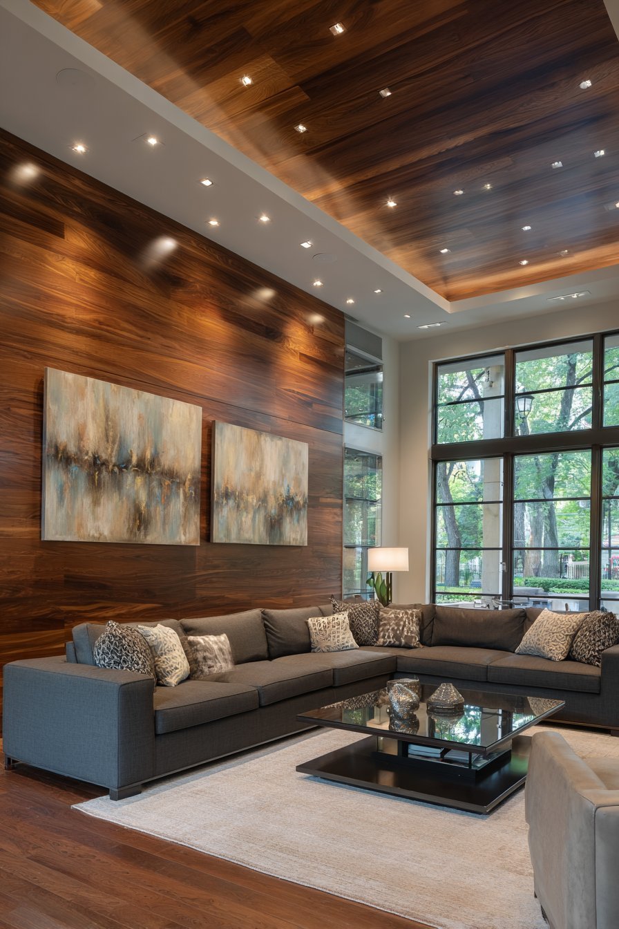 Horizontal dark walnut paneled walls with charcoal linen sectional, glass coffee table and picture lights