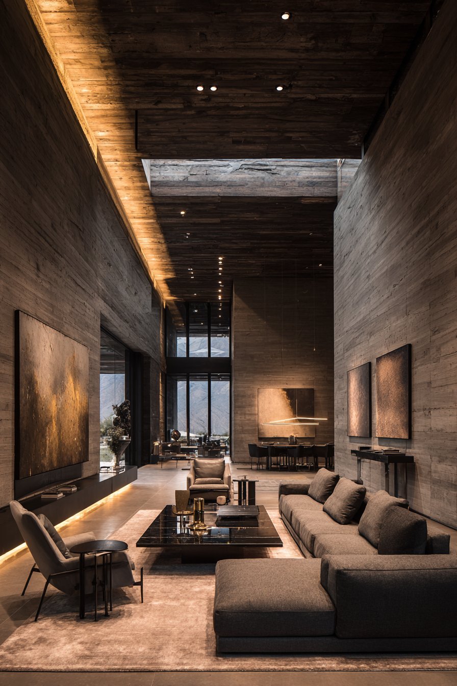 Horizontal dark walnut paneled walls with charcoal linen sectional, glass coffee table and picture lights