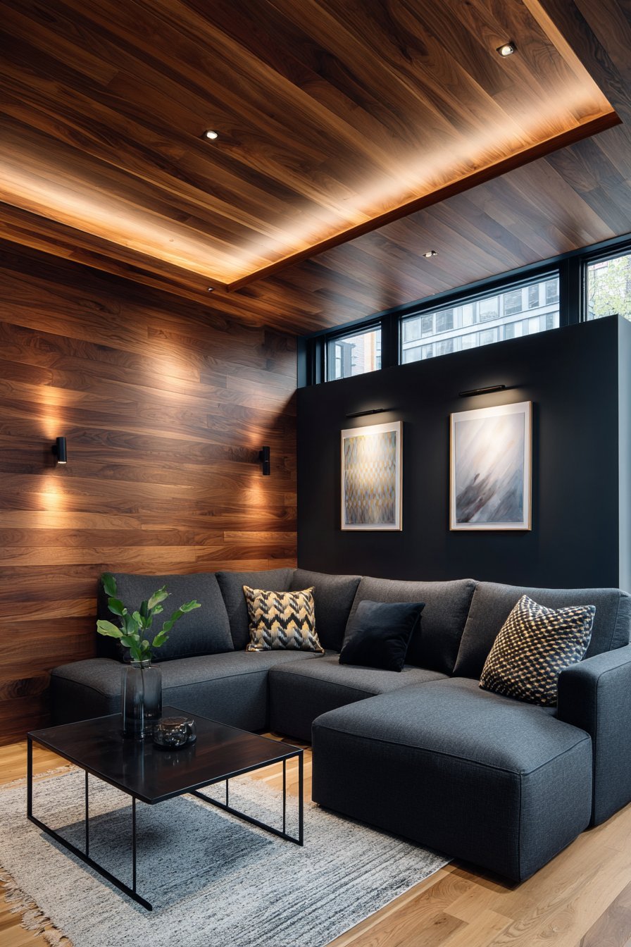 Horizontal dark walnut paneled walls with charcoal linen sectional, glass coffee table and picture lights