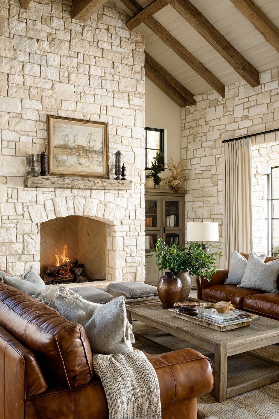 Cozy neutral living room with limestone fireplace, camel leather sofa and white oak plank flooring