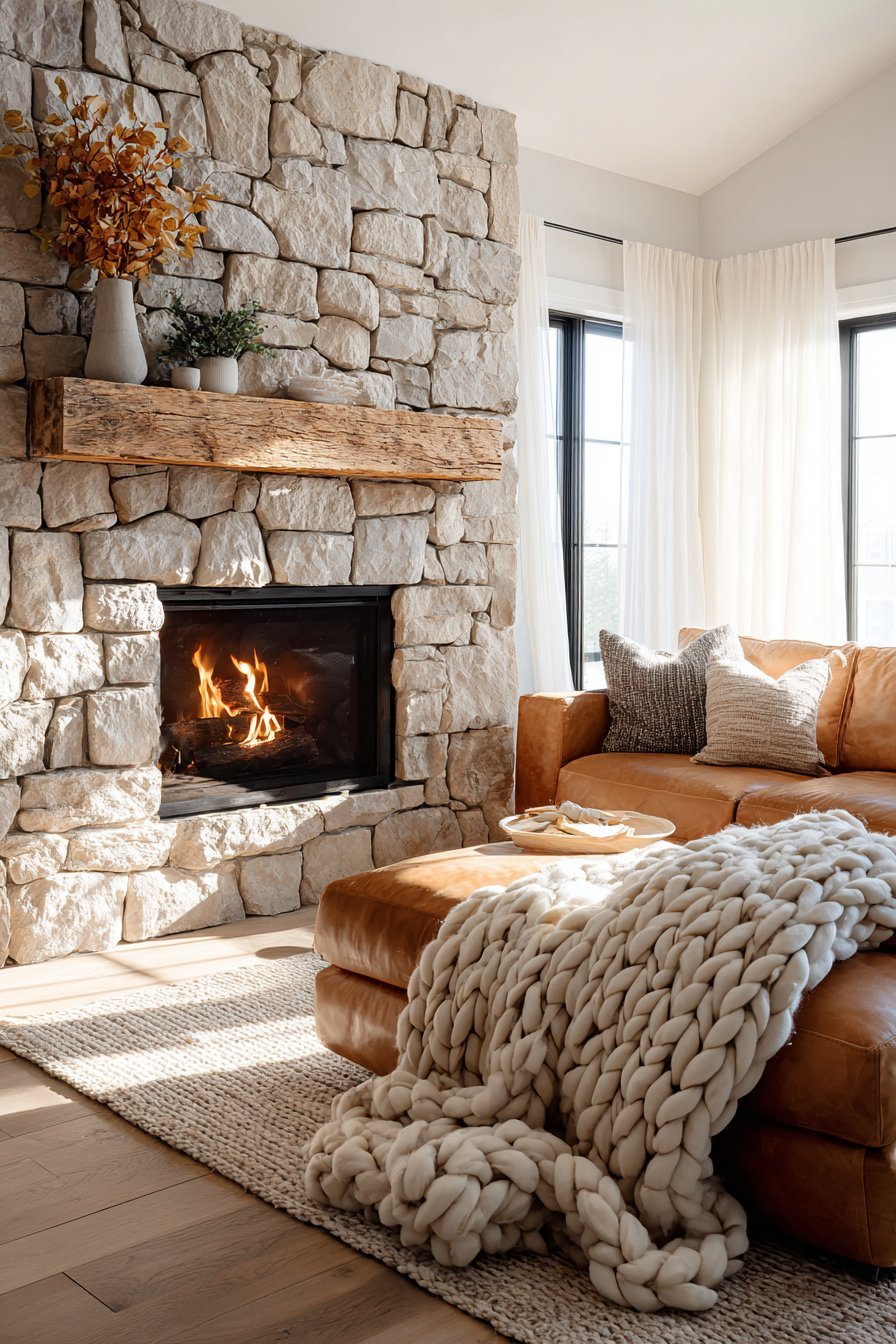 Cozy neutral living room with limestone fireplace, camel leather sofa and white oak plank flooring