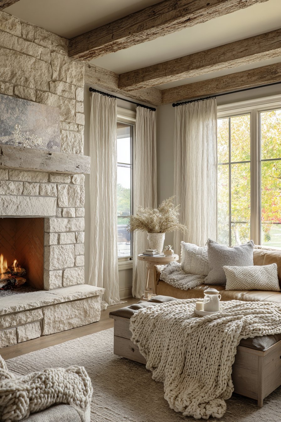 Cozy neutral living room with limestone fireplace, camel leather sofa and white oak plank flooring