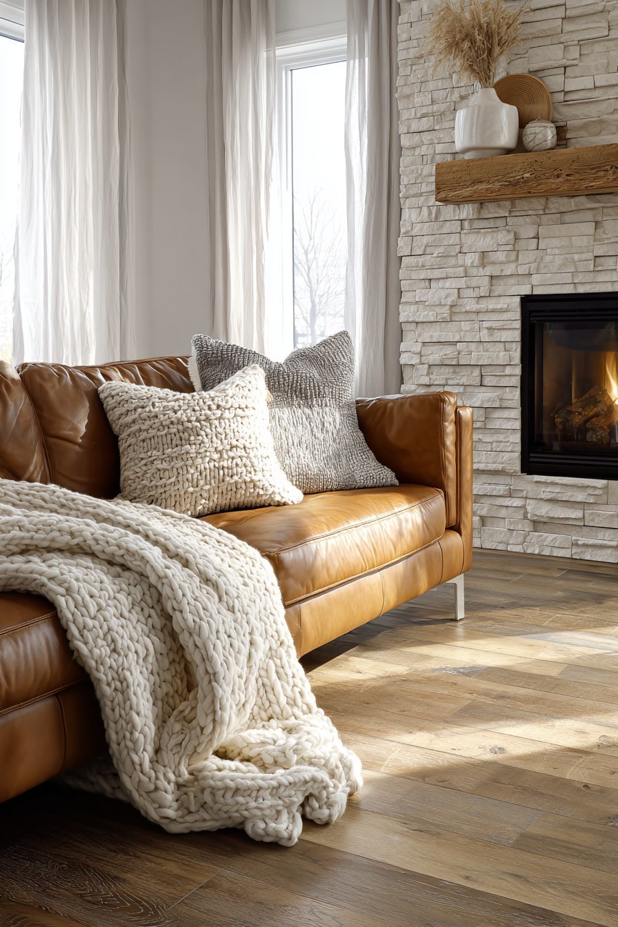 Cozy neutral living room with limestone fireplace, camel leather sofa and white oak plank flooring