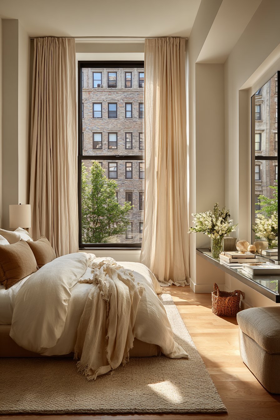 Bed facing a large window with blush linen curtains, slim console nightstand and full-length black-framed mirror