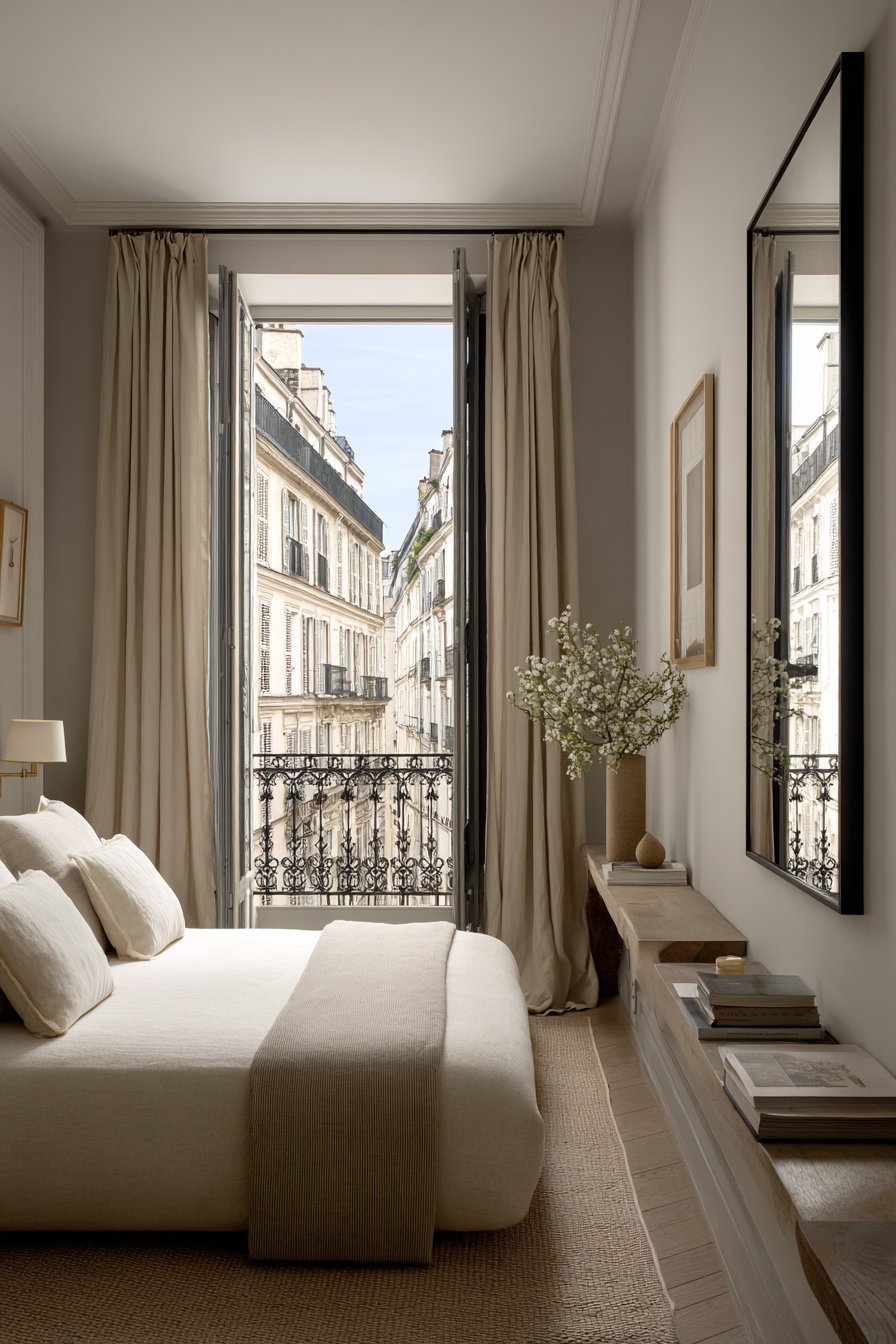 Bed facing a large window with blush linen curtains, slim console nightstand and full-length black-framed mirror