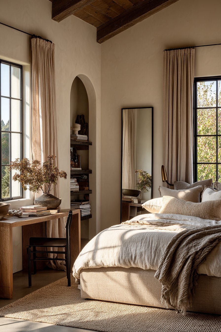 Bed facing a large window with blush linen curtains, slim console nightstand and full-length black-framed mirror