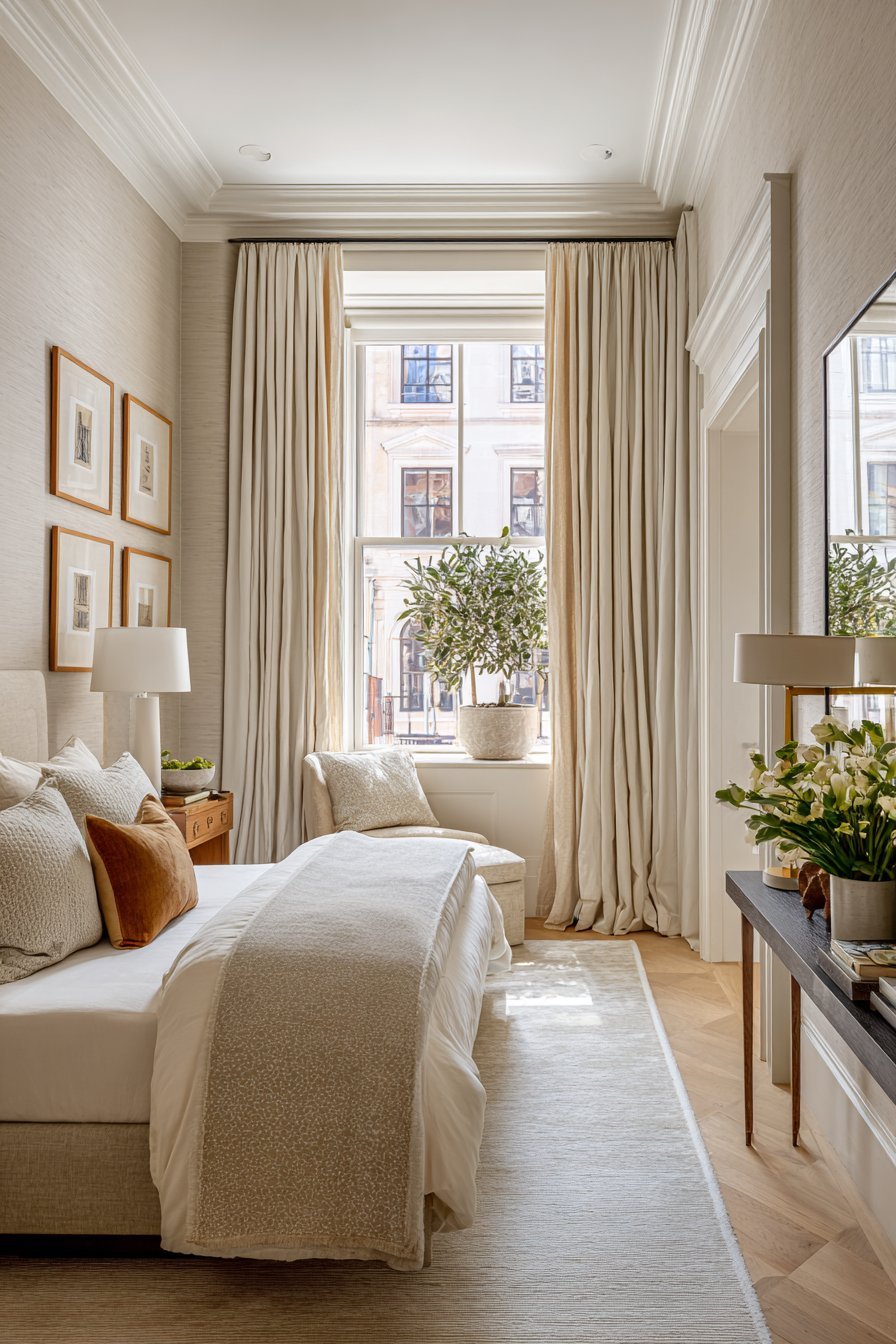 Bed facing a large window with blush linen curtains, slim console nightstand and full-length black-framed mirror