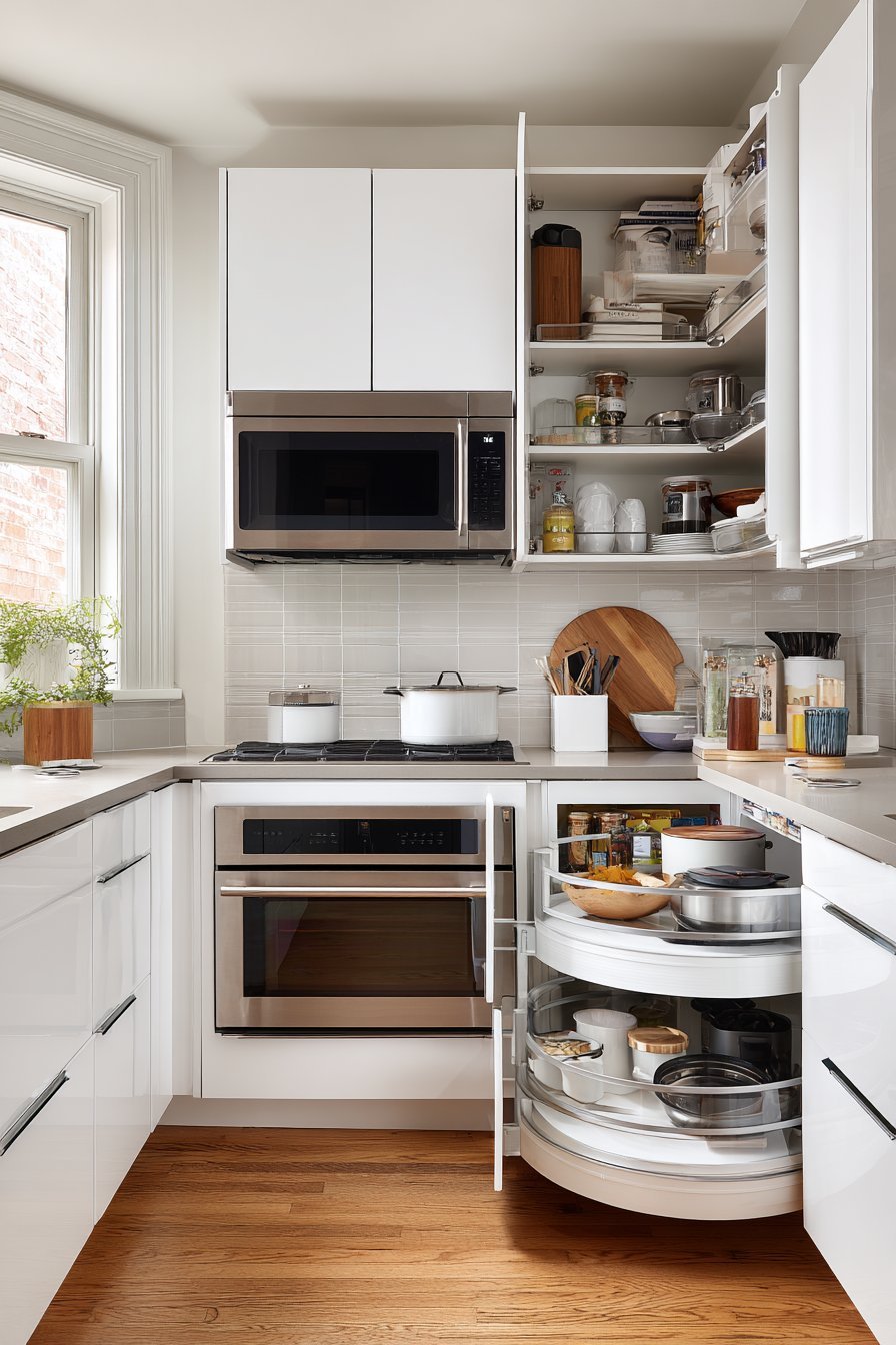 Corner lazy Susan and pull-out organizers in a white small kitchen with grey porcelain backsplash