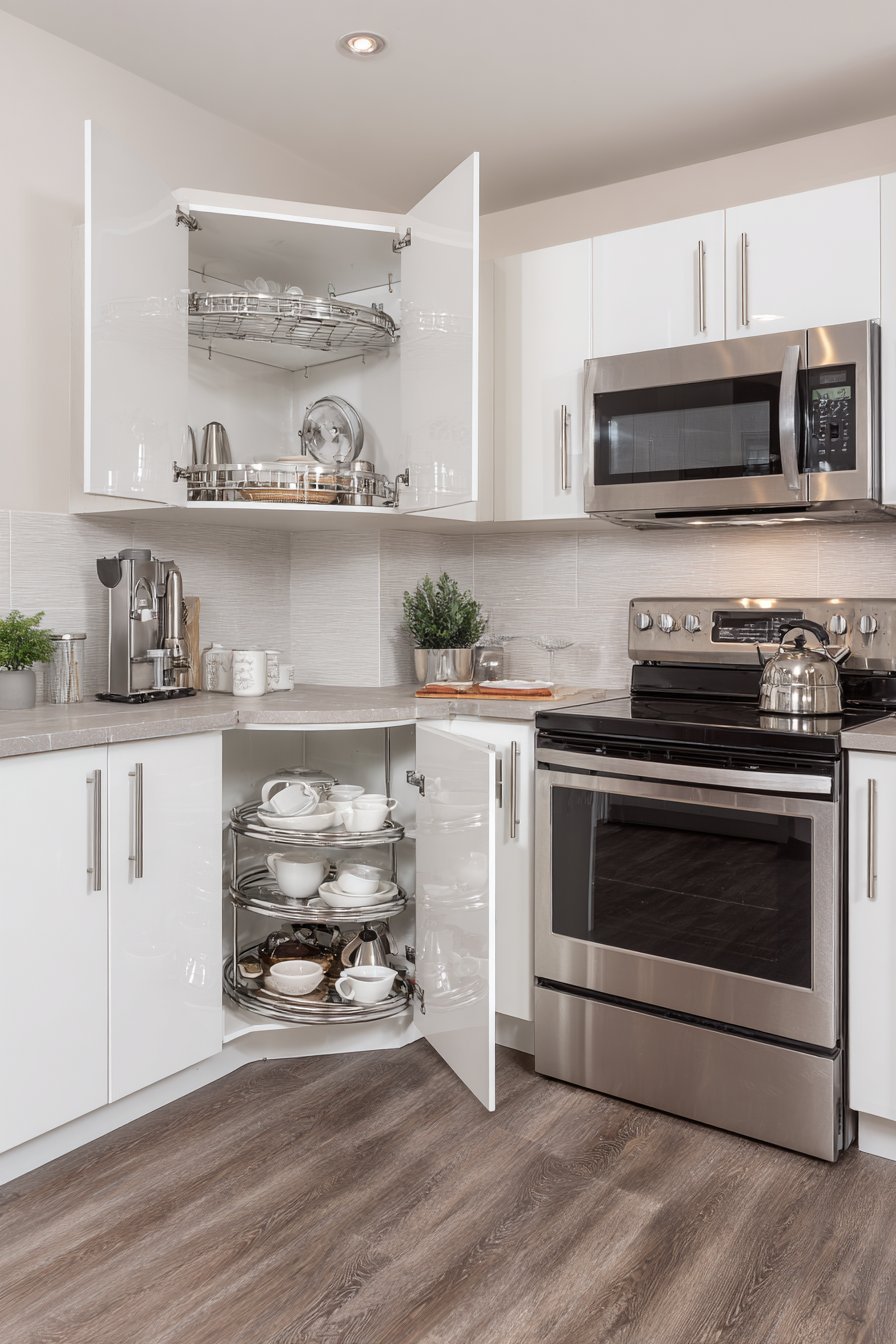 Corner lazy Susan and pull-out organizers in a white small kitchen with grey porcelain backsplash