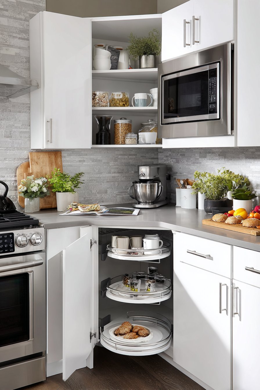 Corner lazy Susan and pull-out organizers in a white small kitchen with grey porcelain backsplash