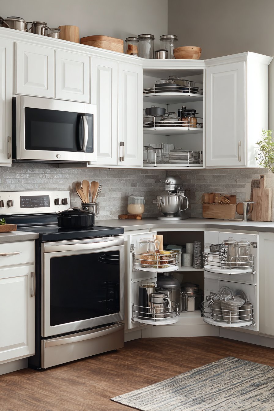 Corner lazy Susan and pull-out organizers in a white small kitchen with grey porcelain backsplash